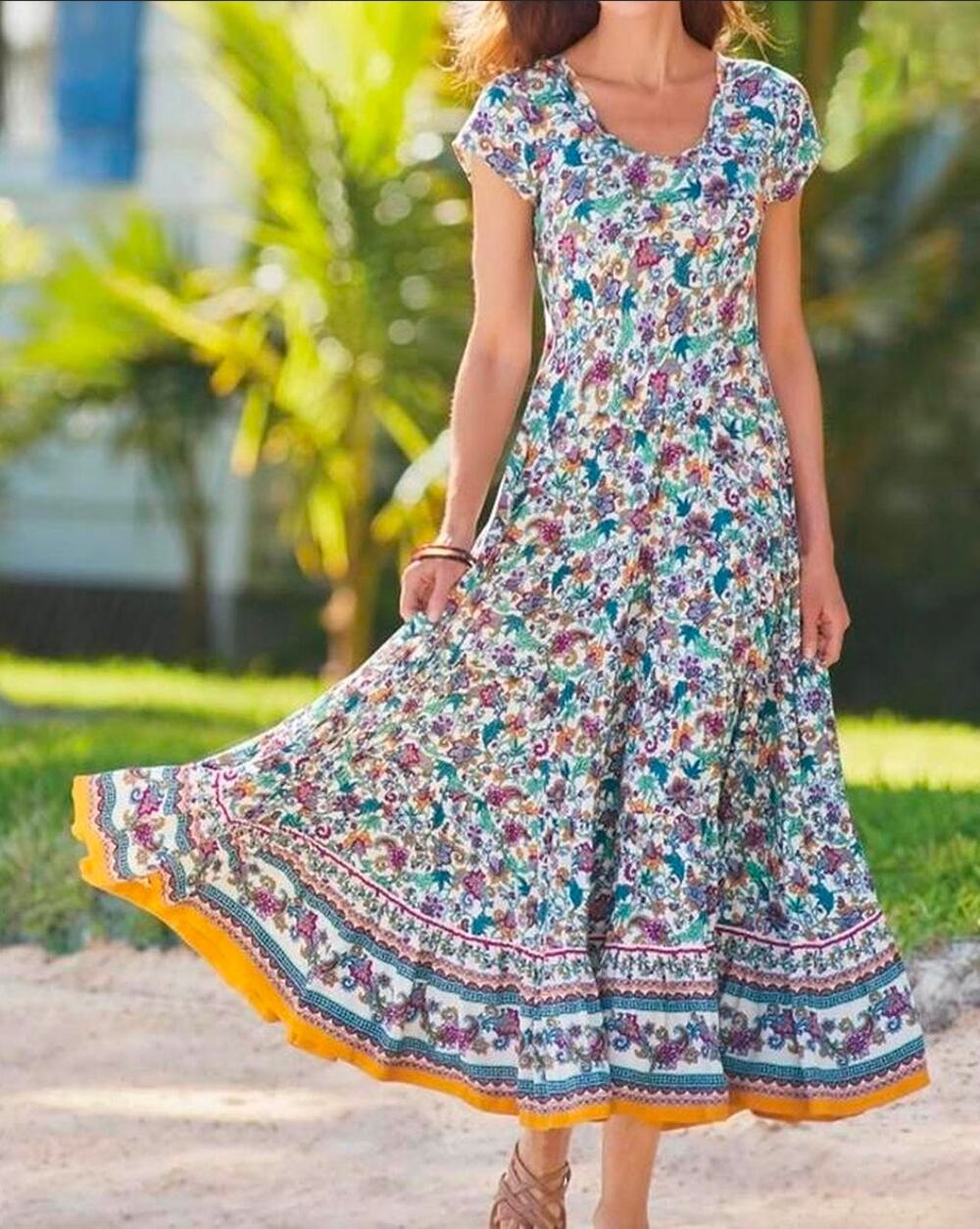 NWT Soft Surroundings Kara Botanical Floral Dress Boho Maxi Short Sleeve M